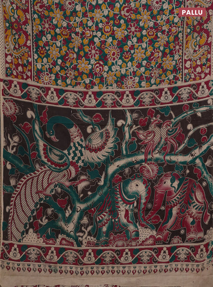 Kalamkari cotton saree green and dark pink with allover prints and printed border