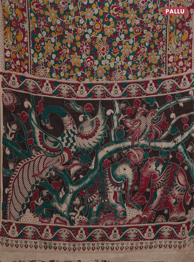 Kalamkari cotton saree green and dark pink with allover prints and printed border