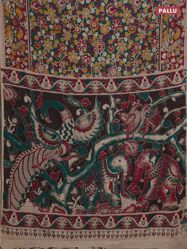 Kalamkari cotton saree green and dark pink with allover prints and printed border