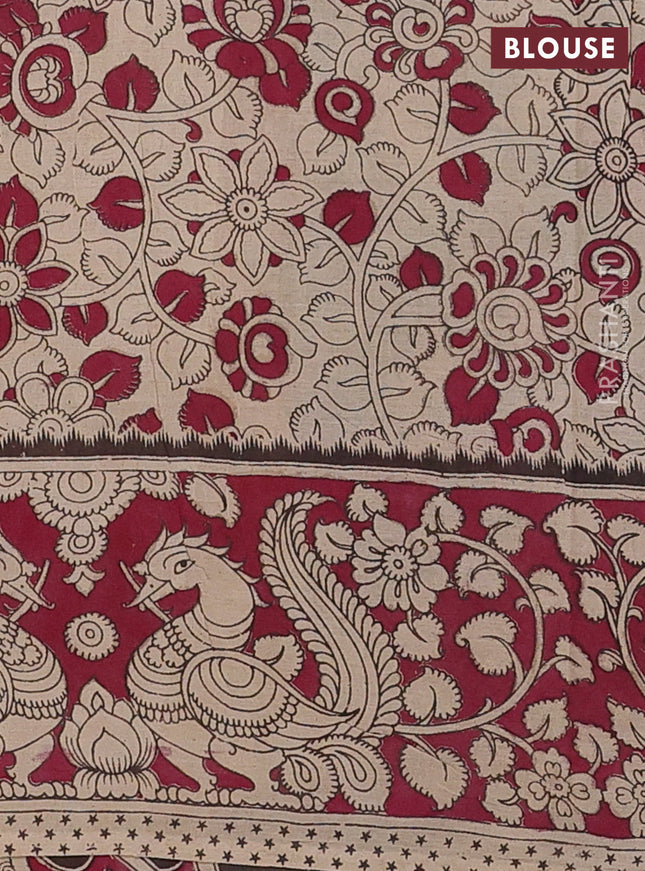 Kalamkari cotton saree green and dark pink with allover prints and printed border