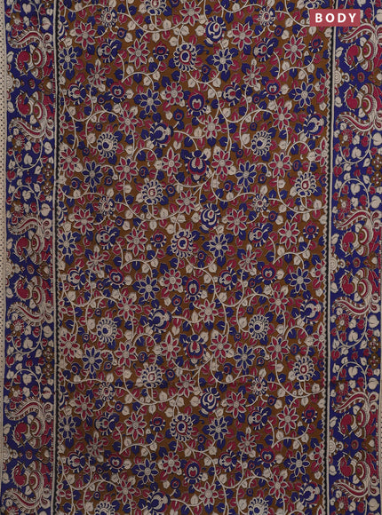 Kalamkari cotton saree dark mustard and blue with allover prints and printed border