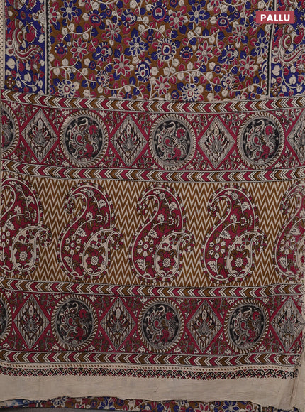 Kalamkari cotton saree dark mustard and blue with allover prints and printed border