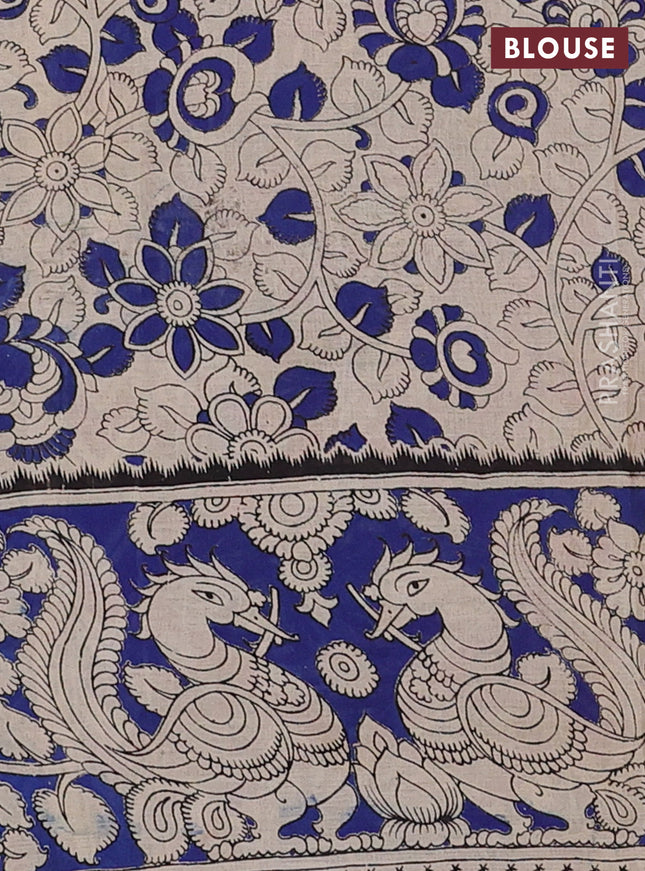 Kalamkari cotton saree dark mustard and blue with allover prints and printed border