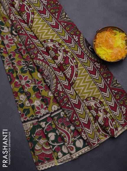 Kalamkari cotton saree light green and dark green with allover prints and printed border