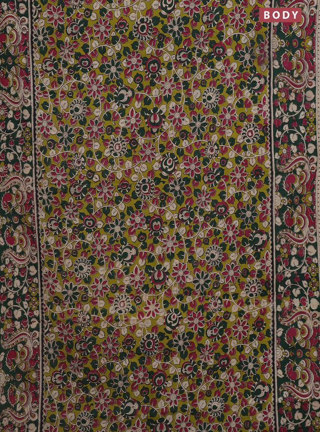 Kalamkari cotton saree light green and dark green with allover prints and printed border