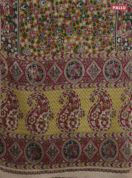 Kalamkari cotton saree light green and dark green with allover prints and printed border