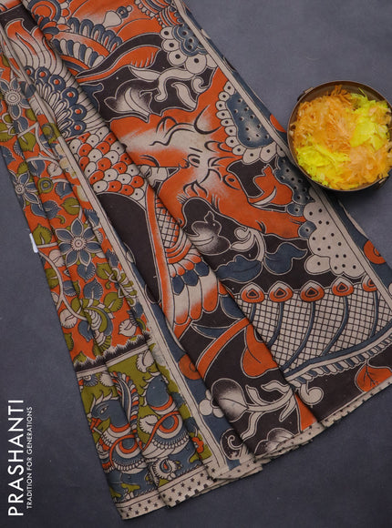 Kalamkari cotton saree orange and light green with allover prints and printed border