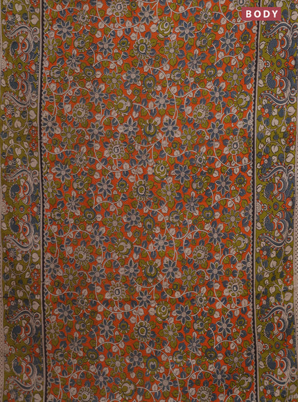 Kalamkari cotton saree orange and light green with allover prints and printed border