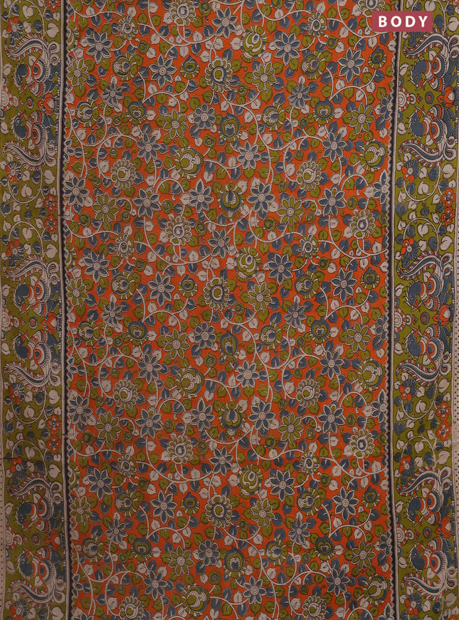 Kalamkari cotton saree orange and light green with allover prints and printed border