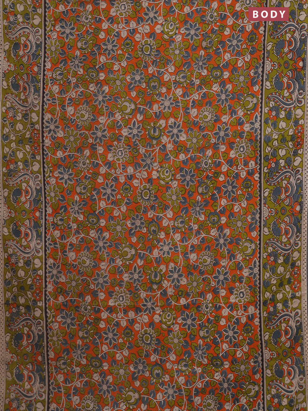 Kalamkari cotton saree orange and light green with allover prints and printed border