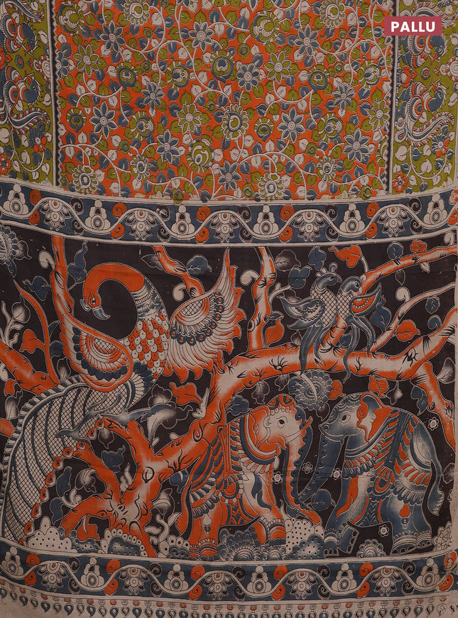 Kalamkari cotton saree orange and light green with allover prints and printed border