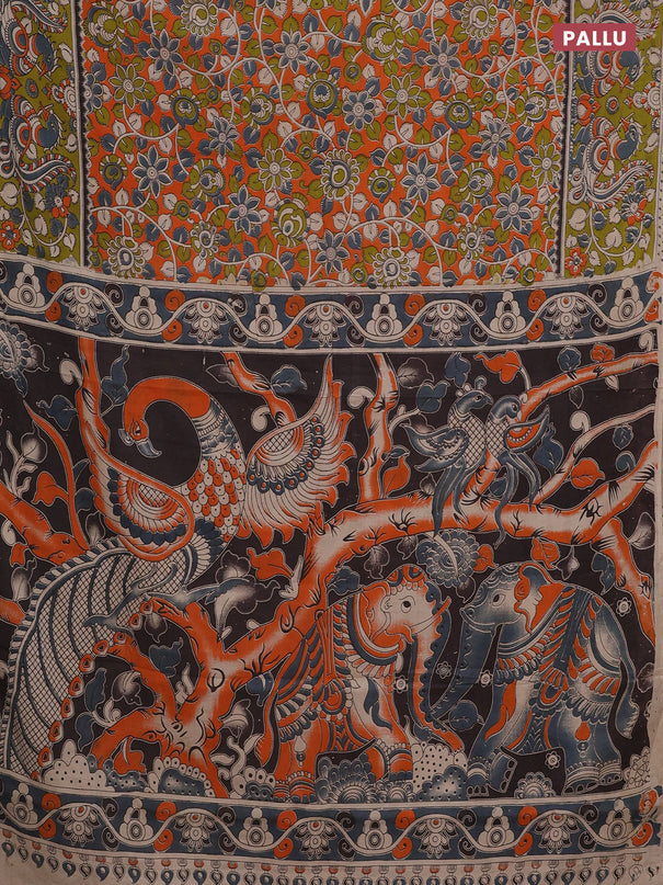 Kalamkari cotton saree orange and light green with allover prints and printed border