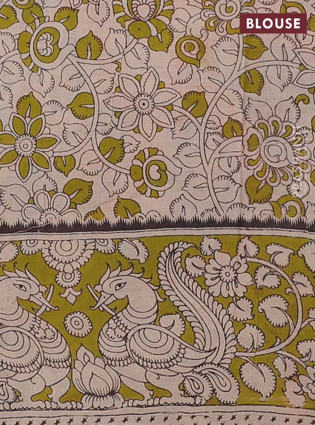 Kalamkari cotton saree orange and light green with allover prints and printed border