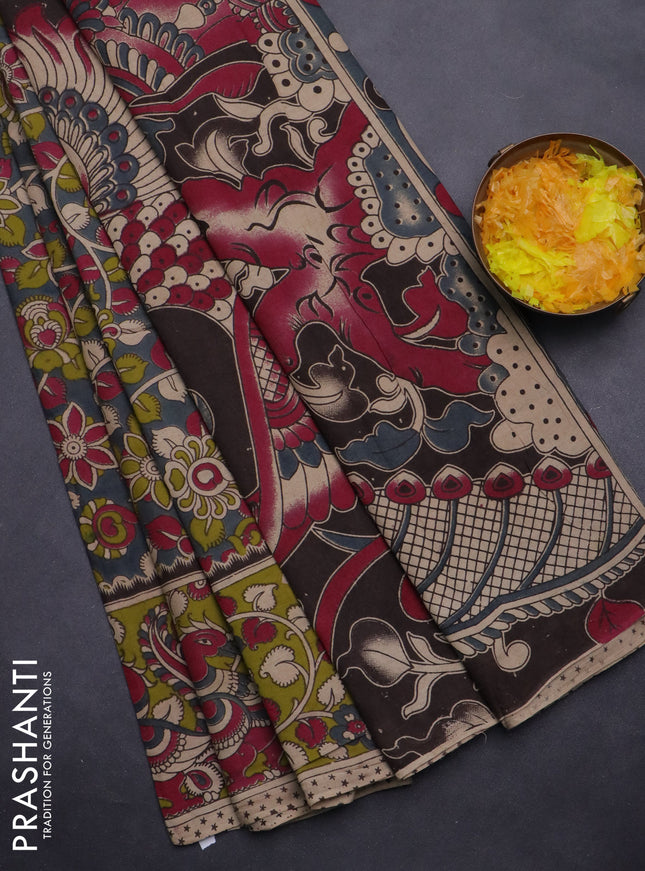 Kalamkari cotton saree grey and light green with allover prints and printed border