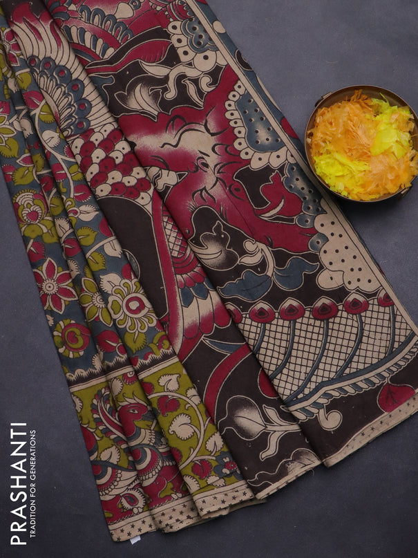 Kalamkari cotton saree grey and light green with allover prints and printed border