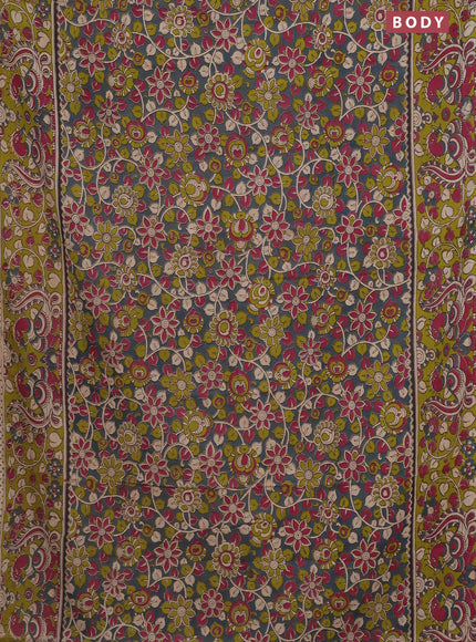 Kalamkari cotton saree grey and light green with allover prints and printed border