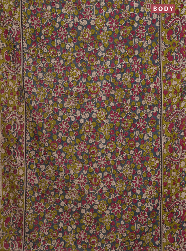 Kalamkari cotton saree grey and light green with allover prints and printed border