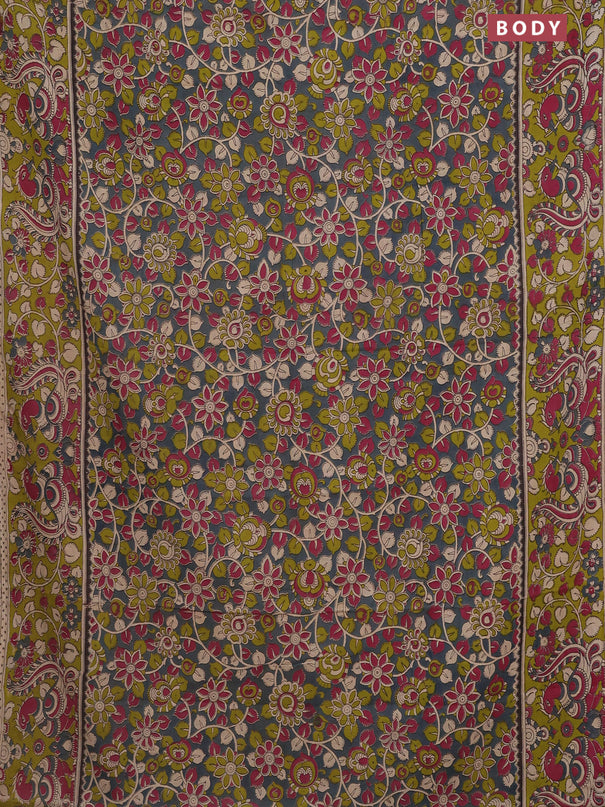 Kalamkari cotton saree grey and light green with allover prints and printed border