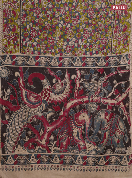 Kalamkari cotton saree grey and light green with allover prints and printed border