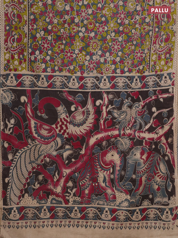 Kalamkari cotton saree grey and light green with allover prints and printed border