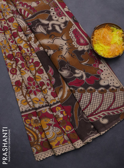 Kalamkari cotton saree beige and dark pink with allover prints and printed border