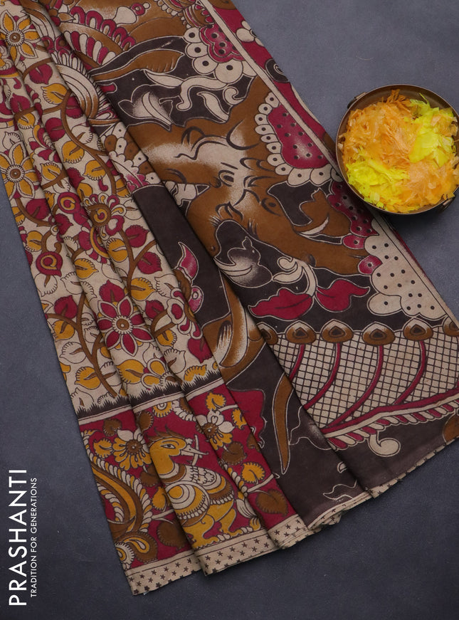 Kalamkari cotton saree beige and dark pink with allover prints and printed border