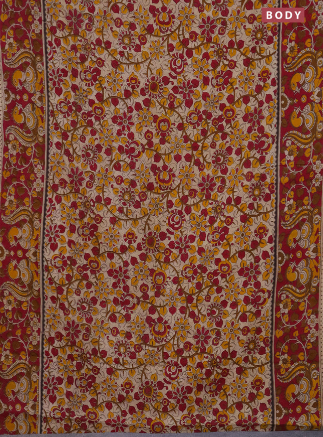 Kalamkari cotton saree beige and dark pink with allover prints and printed border