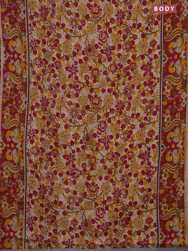 Kalamkari cotton saree beige and dark pink with allover prints and printed border