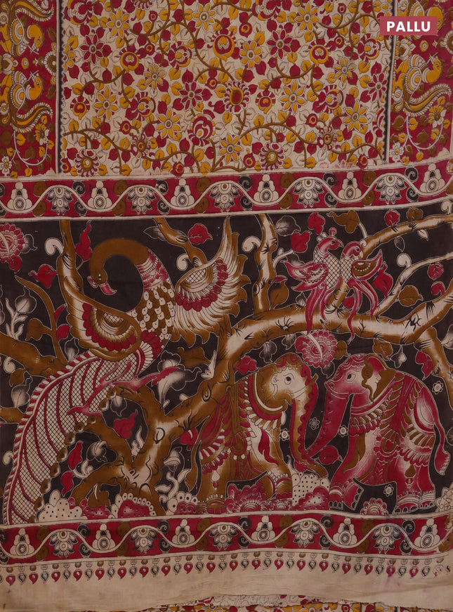 Kalamkari cotton saree beige and dark pink with allover prints and printed border