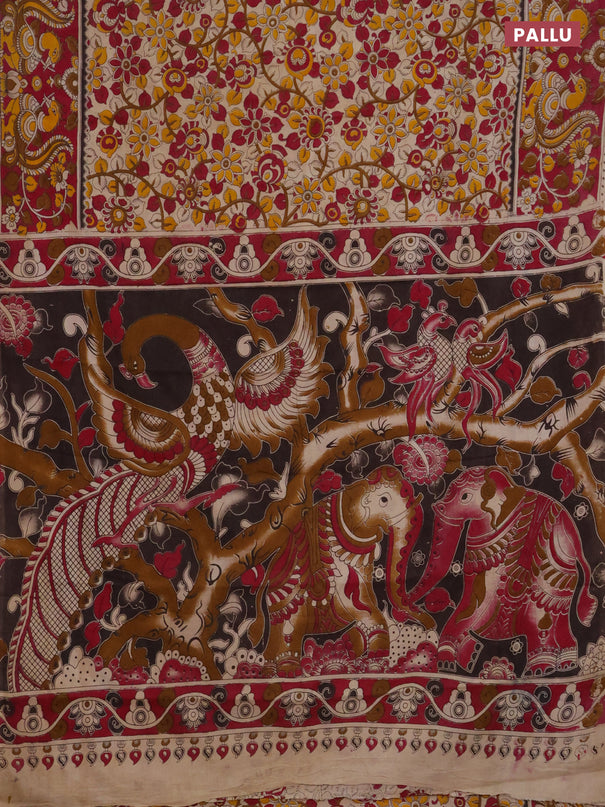 Kalamkari cotton saree beige and dark pink with allover prints and printed border