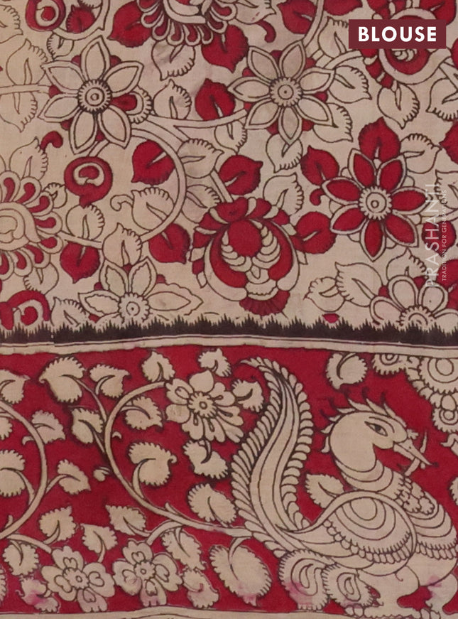Kalamkari cotton saree beige and dark pink with allover prints and printed border