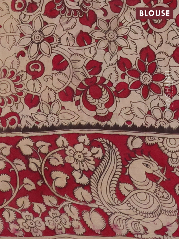 Kalamkari cotton saree beige and dark pink with allover prints and printed border