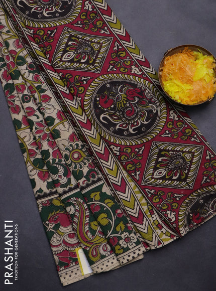 Kalamkari cotton saree beige and dark green with allover prints and printed border