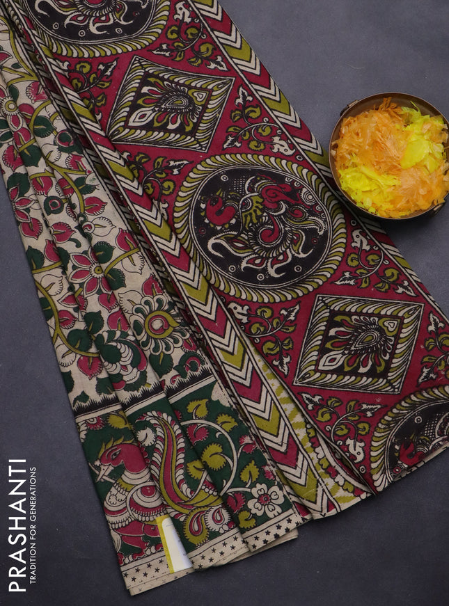 Kalamkari cotton saree beige and dark green with allover prints and printed border