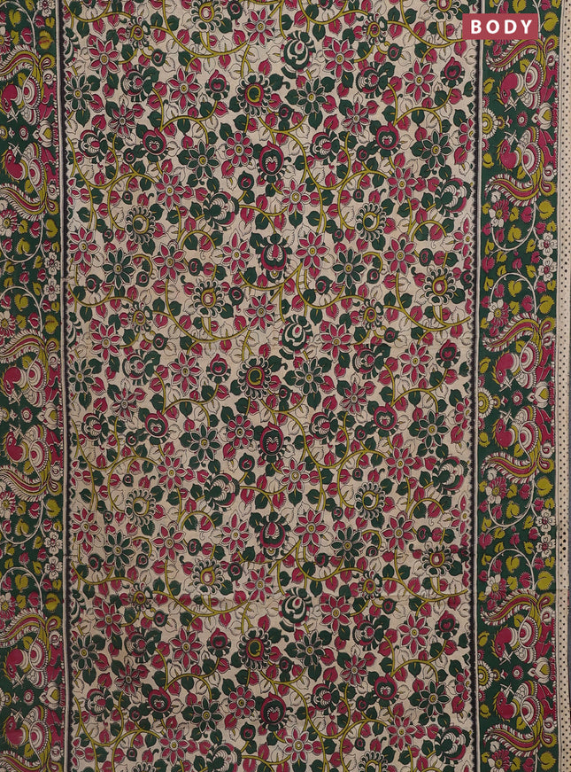 Kalamkari cotton saree beige and dark green with allover prints and printed border