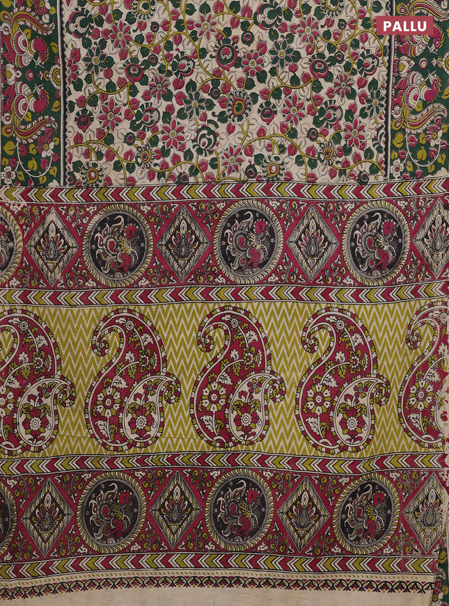 Kalamkari cotton saree beige and dark green with allover prints and printed border