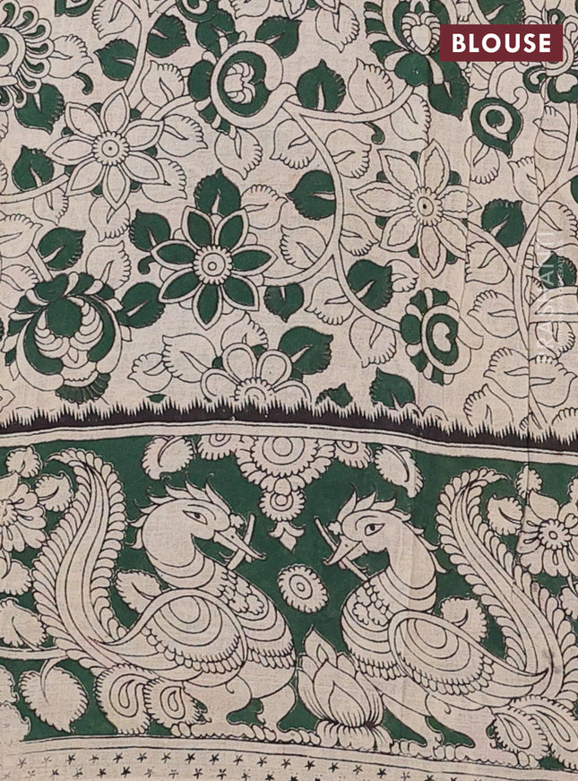 Kalamkari cotton saree beige and dark green with allover prints and printed border