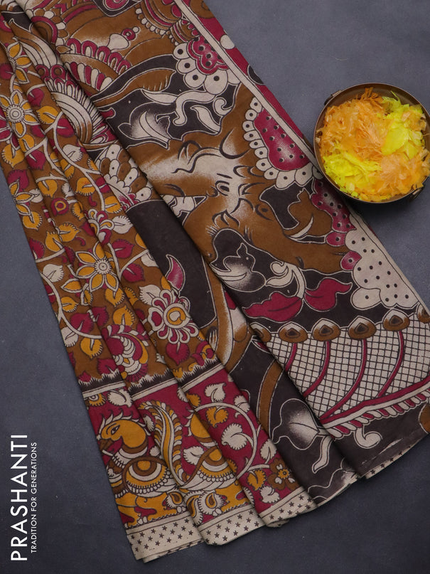 Kalamkari cotton saree dark mustard and dark pink with allover prints and printed border