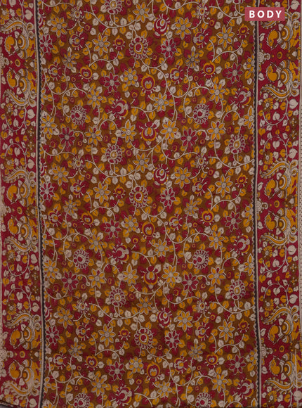 Kalamkari cotton saree dark mustard and dark pink with allover prints and printed border