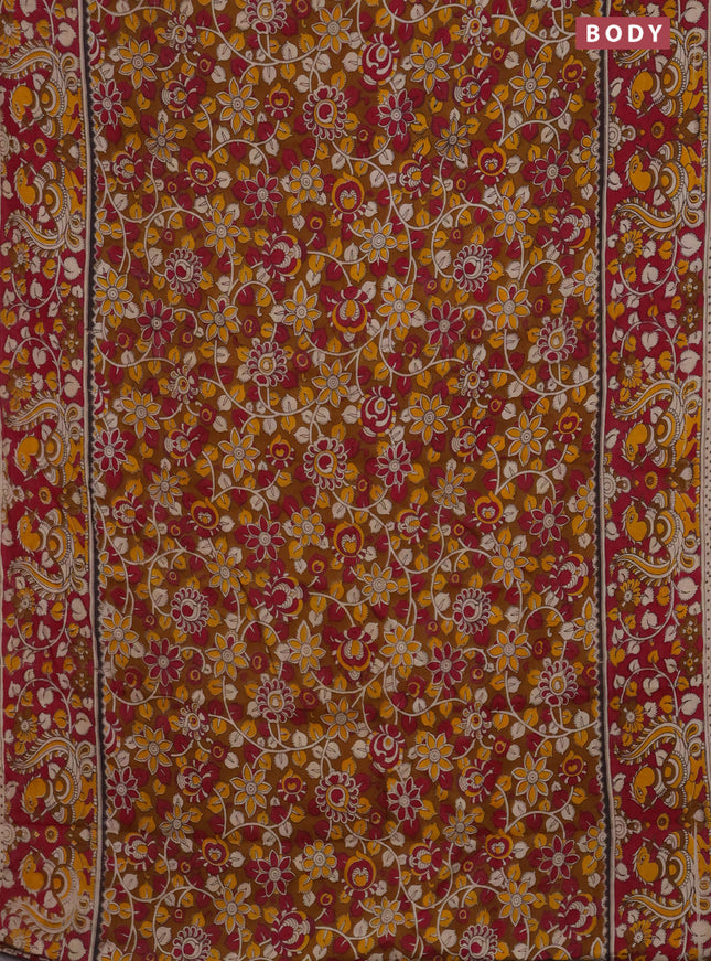 Kalamkari cotton saree dark mustard and dark pink with allover prints and printed border