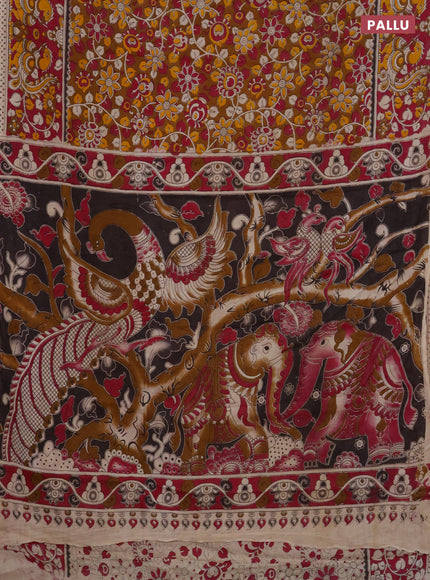 Kalamkari cotton saree dark mustard and dark pink with allover prints and printed border