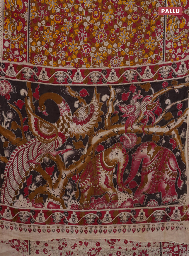 Kalamkari cotton saree dark mustard and dark pink with allover prints and printed border