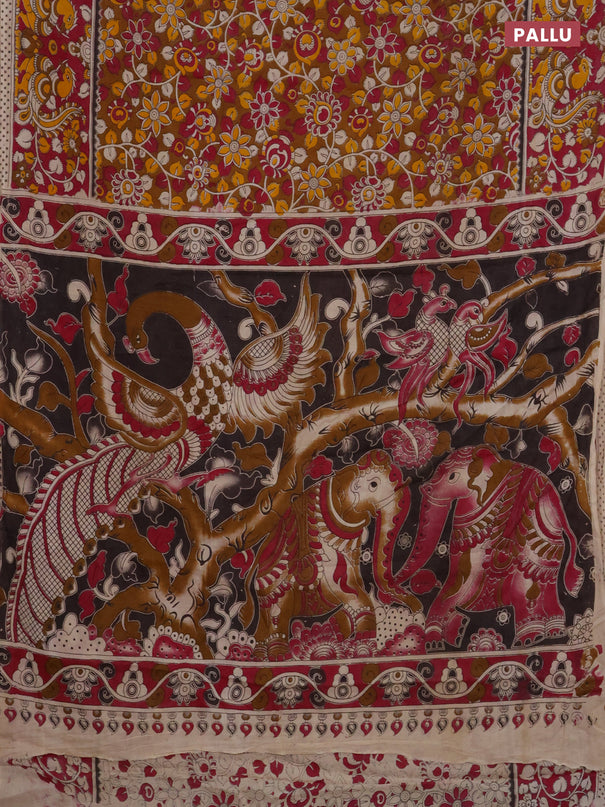 Kalamkari cotton saree dark mustard and dark pink with allover prints and printed border