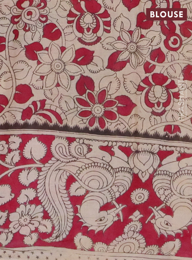 Kalamkari cotton saree dark mustard and dark pink with allover prints and printed border