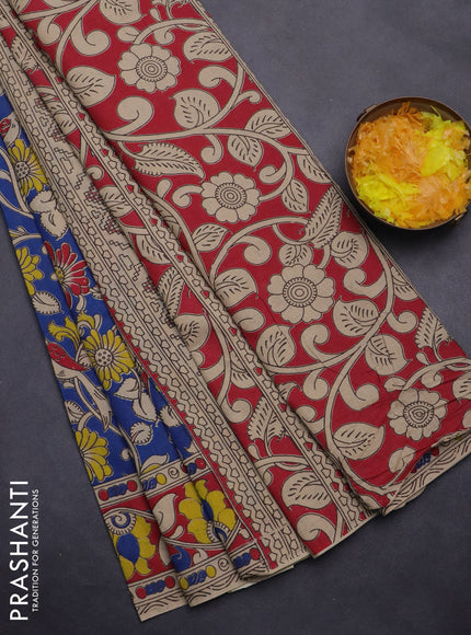 Kalamkari cotton saree blue and maroon with allover prints and printed border
