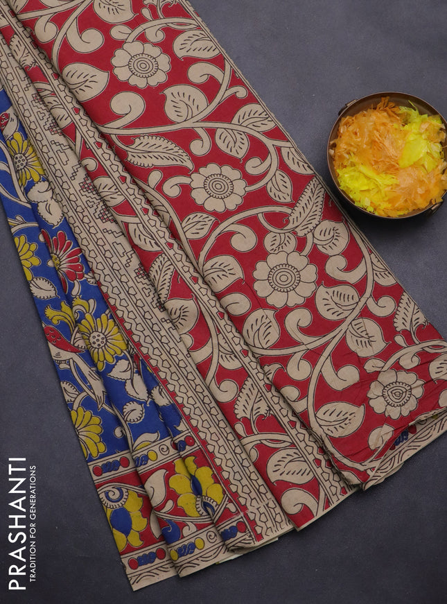 Kalamkari cotton saree blue and maroon with allover prints and printed border