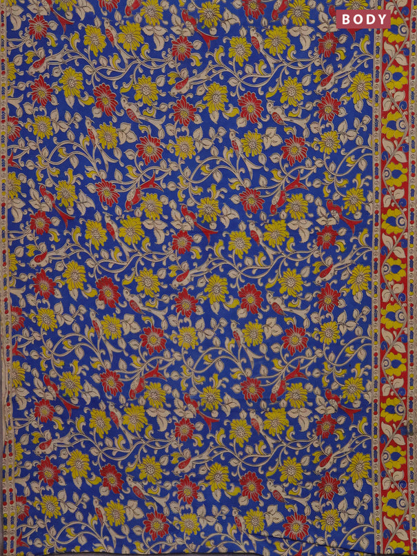 Kalamkari cotton saree blue and maroon with allover prints and printed border