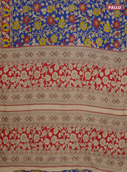 Kalamkari cotton saree blue and maroon with allover prints and printed border