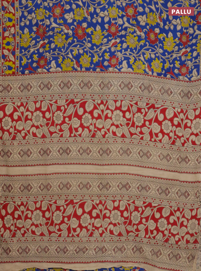 Kalamkari cotton saree blue and maroon with allover prints and printed border
