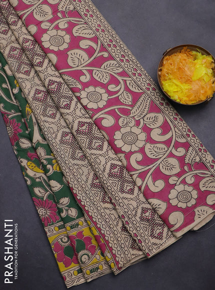 Kalamkari cotton saree green and yellow with allover prints and printed border